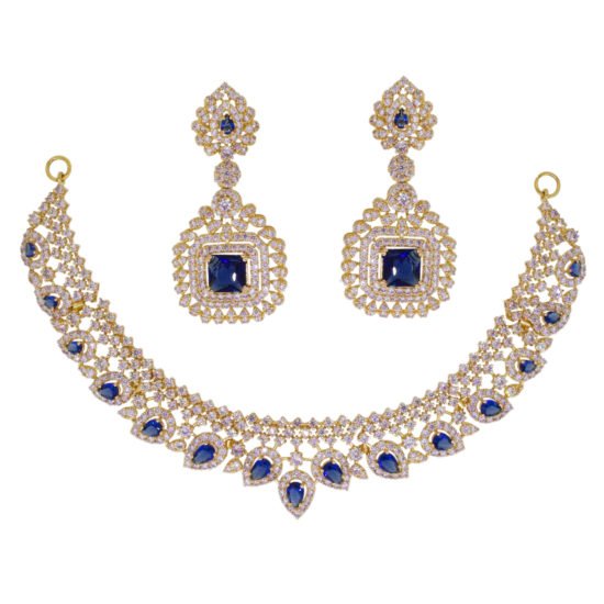 Necklace set with zircons and blue gemstone