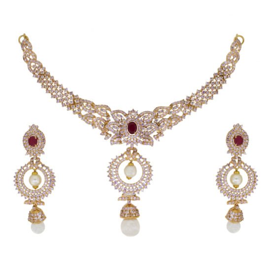 Necklace set with ruby, zircon and pearl