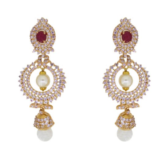 Gold Earrings with pearls, red gemstone