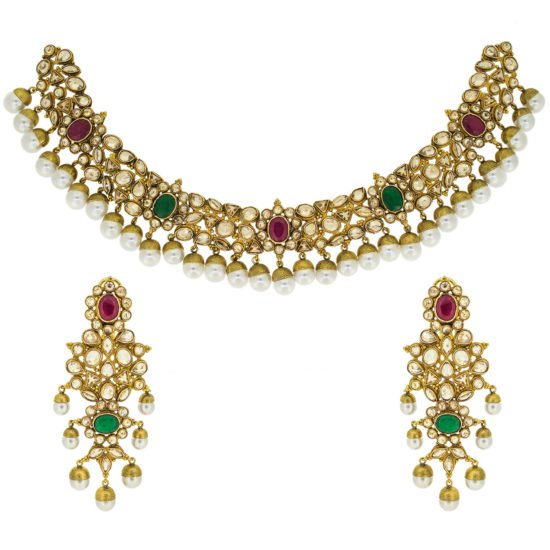 Gold Necklace Set with Polki and Gemstones