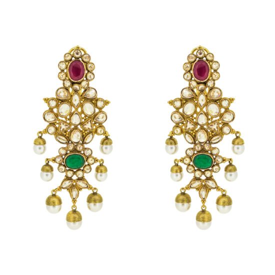 Gold Earrings with polki and gemstones