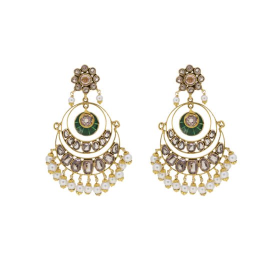 Gold Earrings with Meenakari, Polki and White Pearls