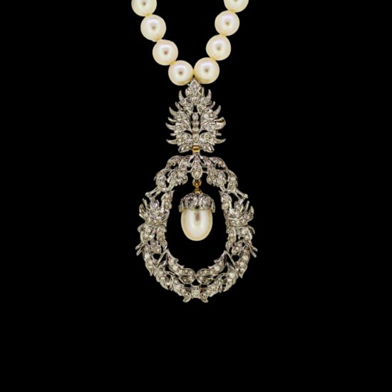 Gold & Diamond Pendant with Pearl drop and string