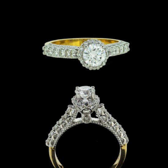 Gold Ring with diamonds, half carat diamond studded in center