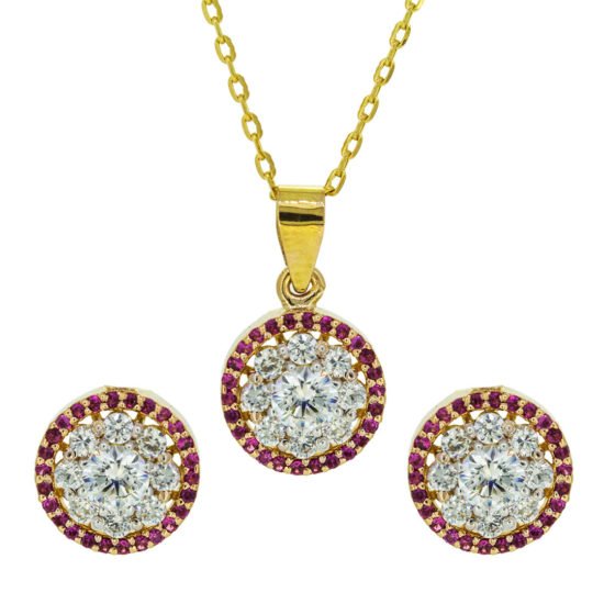 Gold Set with Zircons and red gemstones