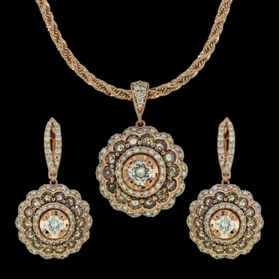 Gold set with round brilliant and rose cut diamonds