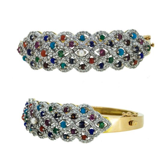 gold bracelet with cubic zircons and naurattan gemstones