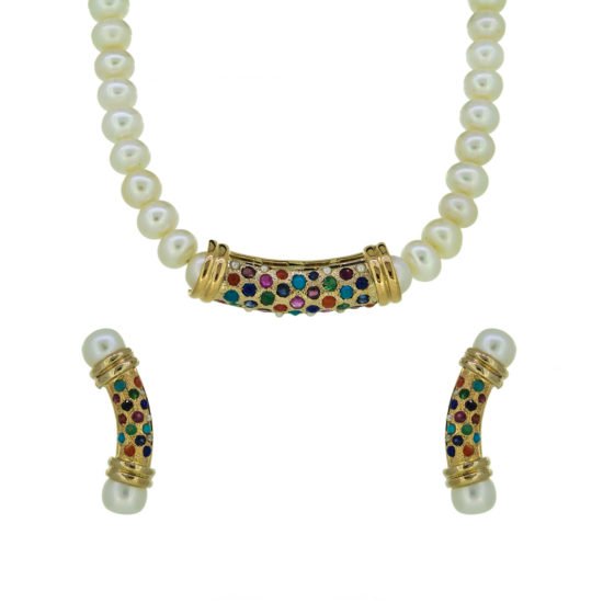 gold pendant set with pearl string and naurattan gemstones