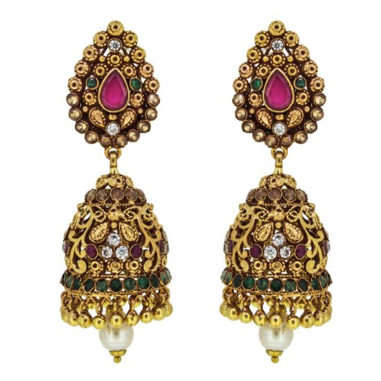 Handcrafted gold earrings studded with gemstones