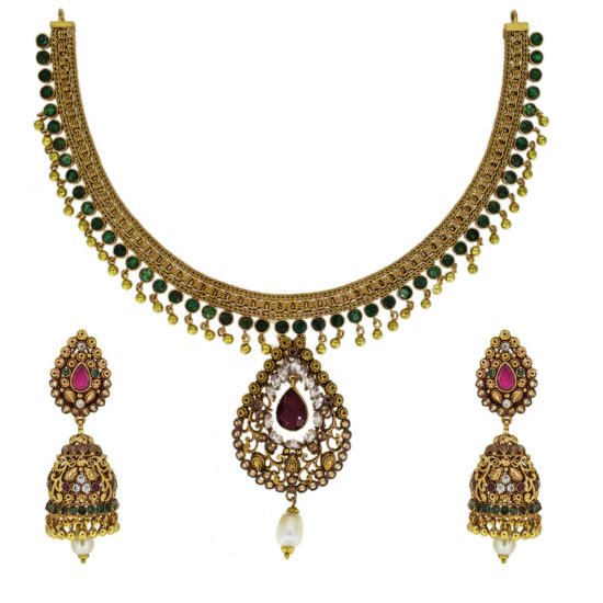 handcrafted gold necklace set studded with gemstones