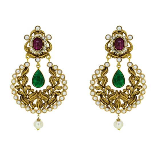 Handcrafted gold earrings with pearl and gemstones