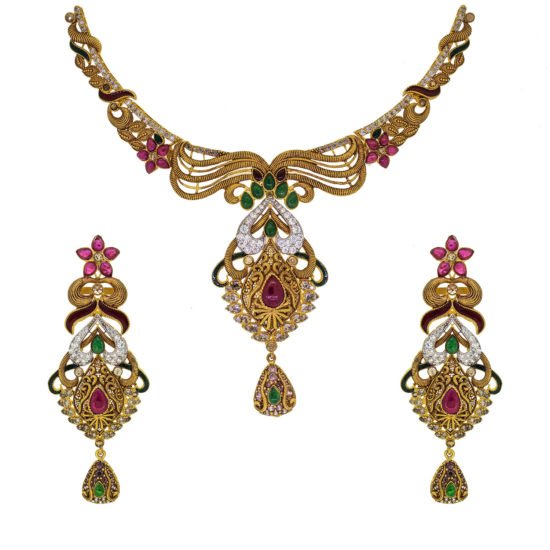 Gold necklace set with multi color gemstones and enamel