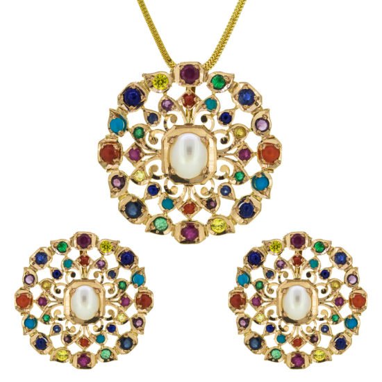 Gold pendant set with naurattan gemtones.