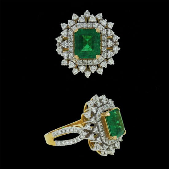 Gold Ring studded with Lush green Emerald and diamonds