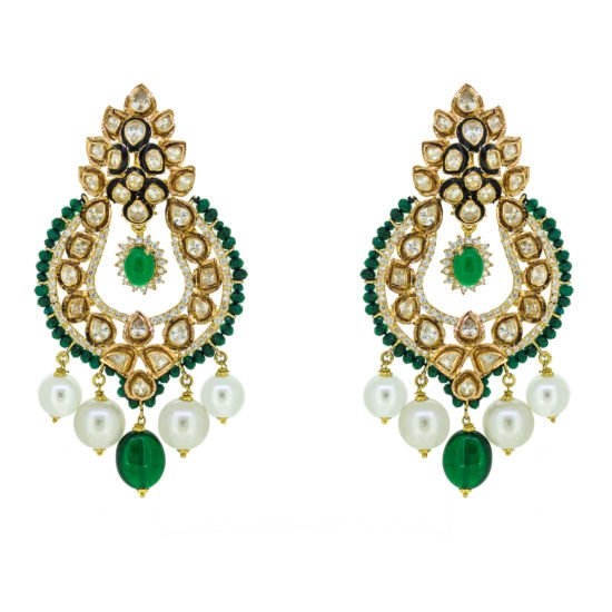 Handcrafted traditional gold earrings with jade,pearls,polki and cubic zircons