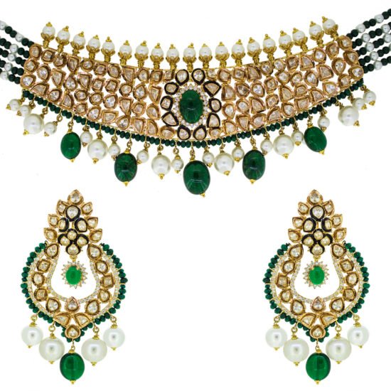 Handcrafted traditional gold necklace set with jade,pearls,polki and cubic zircons