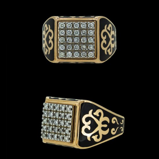 Gold ring with black enamel studded with diamonds