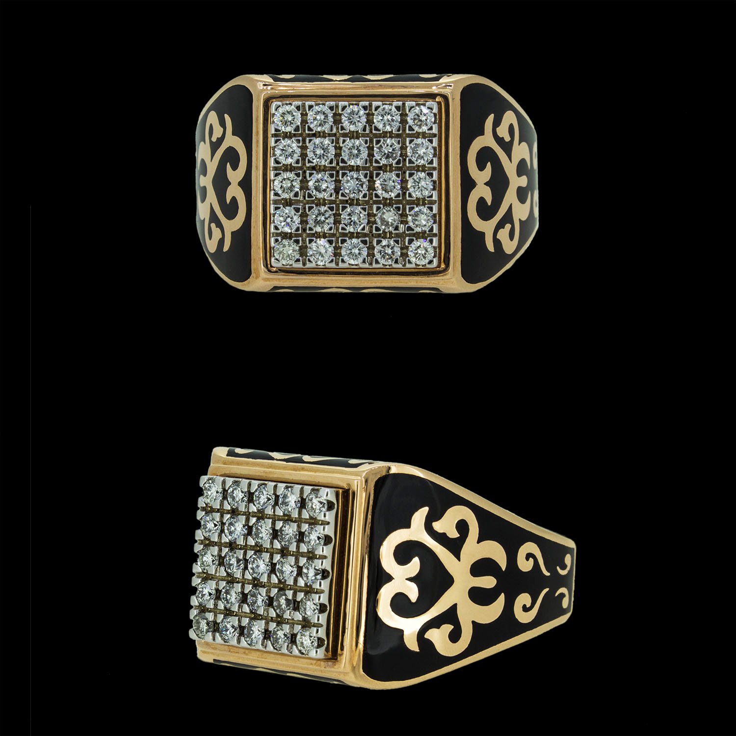 Gold ring with black enamel studded with diamonds