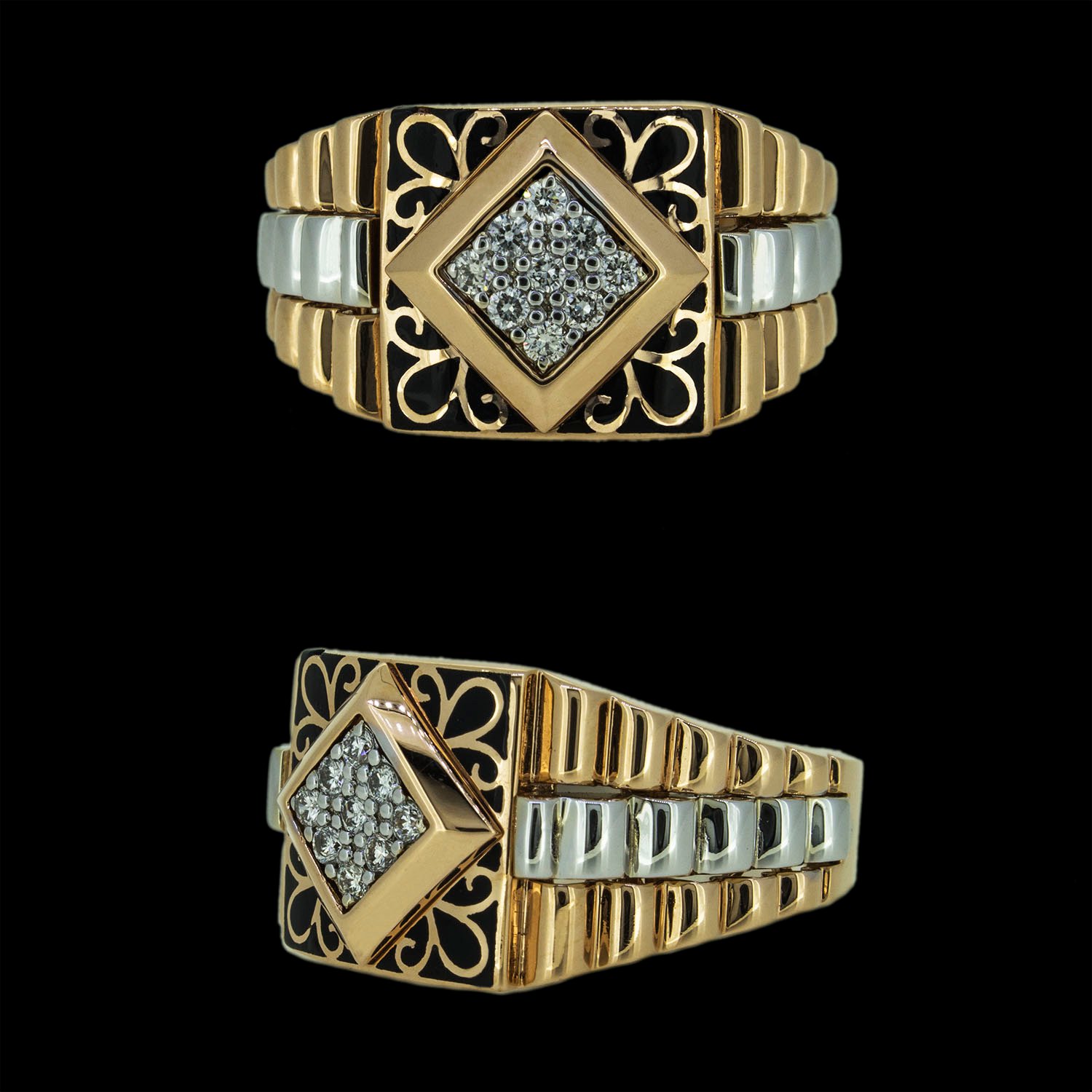 Gold ring with black enamel studded with diamonds