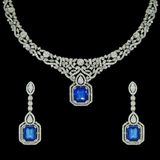 Gold Necklace Set with diamonds and blue gemstone