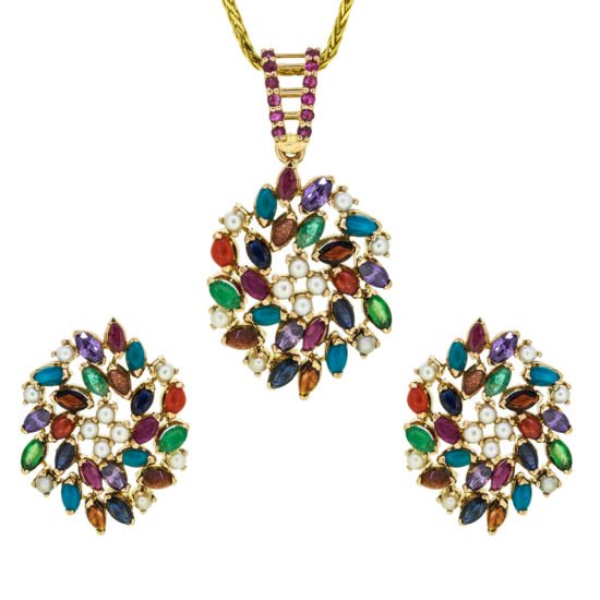 Gold pendant set with naurattan gemstones