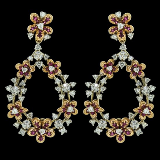 Gold earrings studded with diamonds and rubies