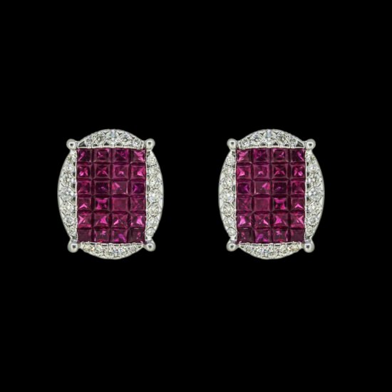 Gold earrings studded with diamonds and rubies