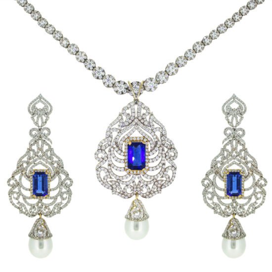 Gold necklace set with CZ,Pearls and blue gemstone