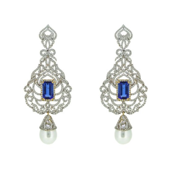 Gold earrings with CZ,Pearls and blue gemstone