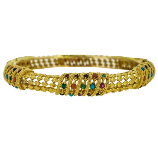 Gold bangle with multi color gemstones