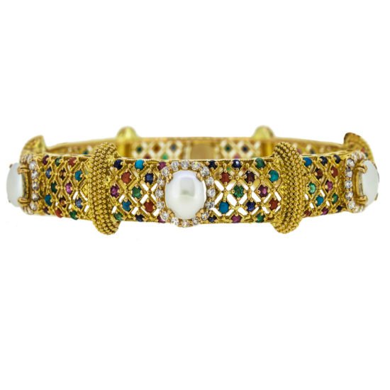 Gold bangle with multi color gemstones and pearls