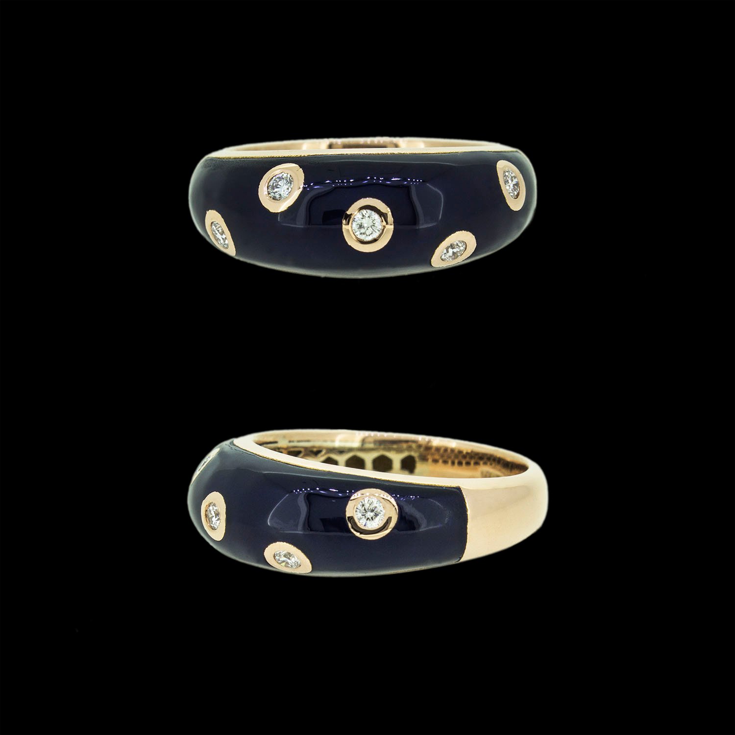 Gold and diamond studded ring with navy blue enamel