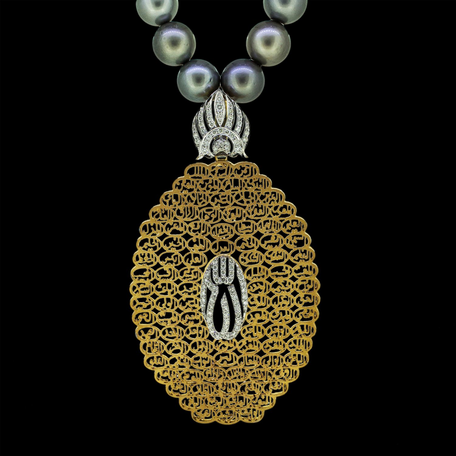 99 names of Allah gold pendant with diamonds and Tahitian pearl string