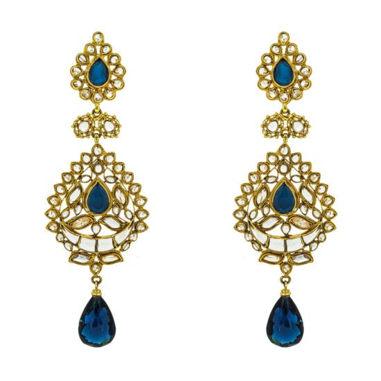 Gold earrings with polki and blue stones